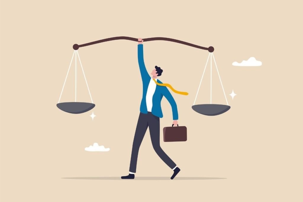 Ilustração de profissional equilibrando uma balança da Justiça, representando a legislação federal e os caminhos para facilitar a antecipação de RPVs e precatórios no LCbank.