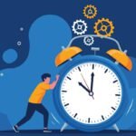 Homem tentando parar relógio gigante com engrenagens. Gestão de tempo, produtividade.