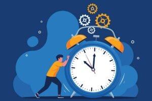 Homem tentando parar relógio gigante com engrenagens. Gestão de tempo, produtividade.