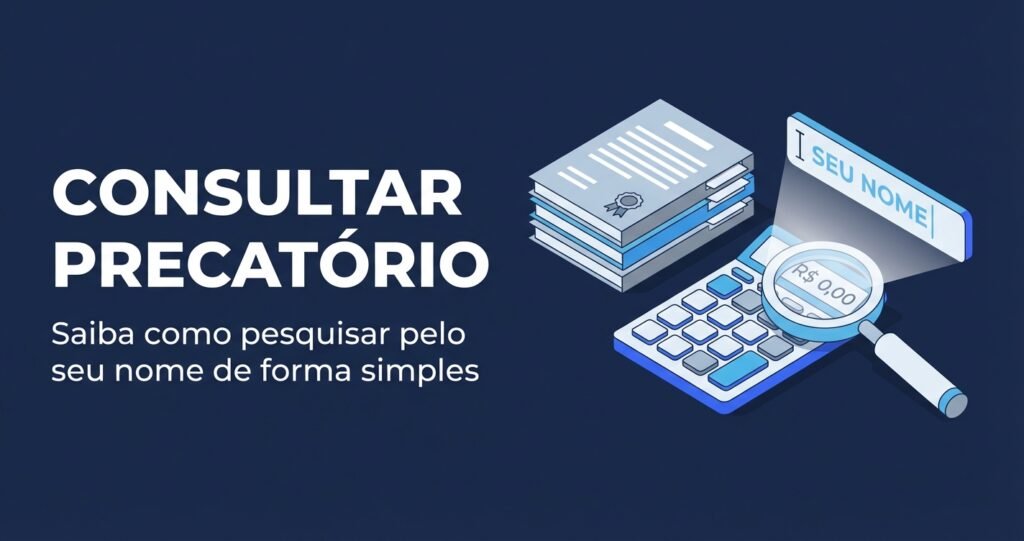 Consultar precatório: ilustração de documentos, calculadora e lupa para pesquisa de precatório pelo nome.