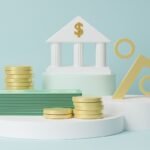 Ilustração 3D de banco, dinheiro, moedas e seta de aumento percentual.