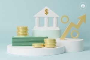 Ilustração 3D de banco, dinheiro, moedas e seta de aumento percentual.