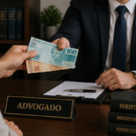 Advogado entrega dinheiro a cliente, com balança da justiça e livros de direito