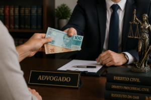 Advogado entrega dinheiro a cliente, com balança da justiça e livros de direito
