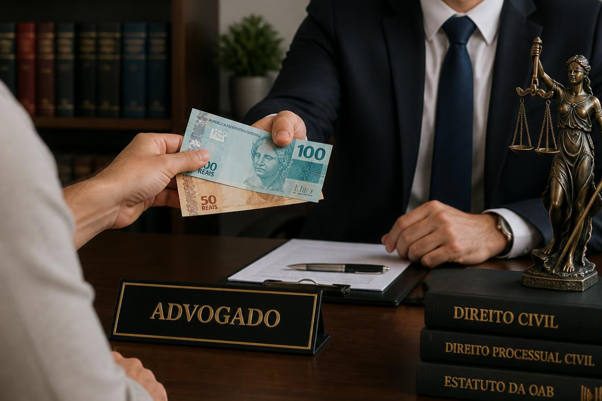 Advogado entrega dinheiro a cliente, com balança da justiça e livros de direito