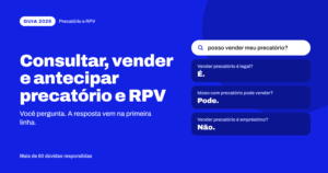 Guia informativo sobre precatórios e RPV com fundo azul. Em destaque, o título "Consultar, vender e antecipar precatório e RPV" e o subtítulo "Você pergunta. A resposta vem na primeira linha." À direita, uma barra de pesquisa com a pergunta "posso vender meu precatório?" e três respostas rápidas: "Vender precatório é legal? É.", "Idoso com precatório pode vender? Pode." e "Vender precatório é empréstimo? Não.". Na parte inferior, o texto "Mais de 60 dúvidas respondidas". Forneça seus comentários sobre o BizChat